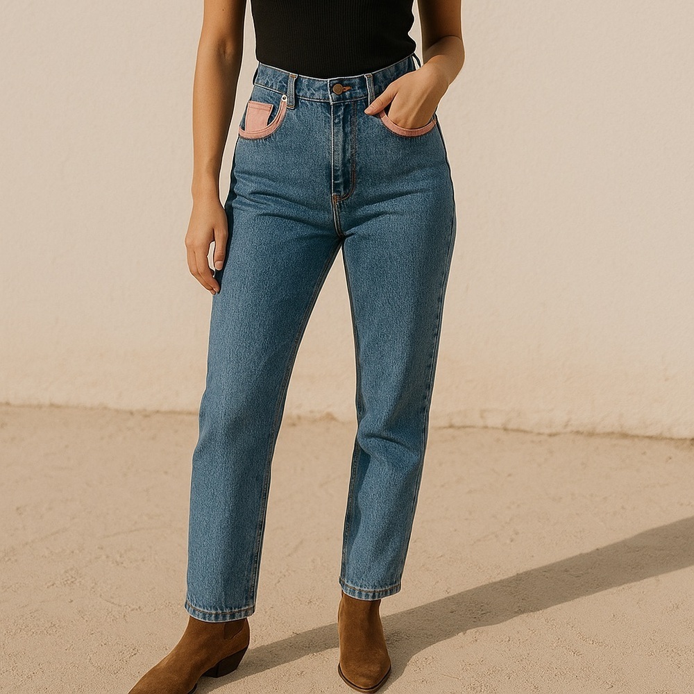 Vintage Cache High Waisted Blue Jeans with Pink Leather Accents